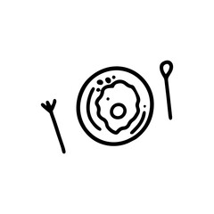 Scrambled eggs on a plate. Served breakfast. A fried egg with a side dish on a saucer, a fork and a spoon nearby. Isolated vector image from black lines.
