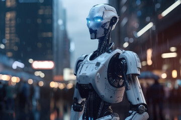 AI Bot in a City Background, AGI, 3D Render, Future, Wallpaper