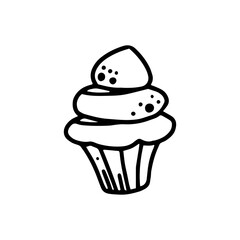Cupcake with cream and sprinkles. Sweet pastries made of dough, decorated with whipped cream. Muffin for breakfast. Drawing, icon from black lines.