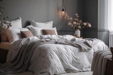 Fototapeta na wymiar A grey bedroom with elegant decor and basic bedding with white flowers in a vase. Generative AI