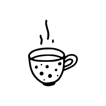 A cup with a hot drink. Steaming coffee in a polka dot cup. Fresh tea for breakfast. Isolated vector image from black lines.