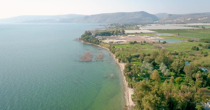 Aerial view of a lake shore line, Sea of Galilee, Israel.