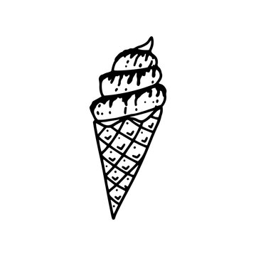 Ice cream in a waffle cone. Cold dessert in an edible cup. Cooling sweets for summer with icing and sprinkles. Isolated vector image, black line icon.