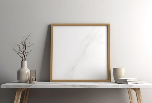 Empty square frame mockup in modern minimalist interior with plant in trendy vase on white wall background, Template for artwork, painting, photo or poster 