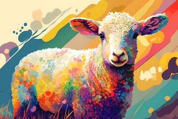 cheerful easter lamb in a colorful environment - obrazy, fototapety, plakaty