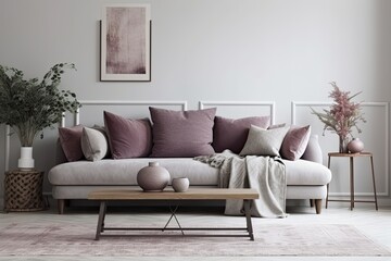 Gray sofa with burgundy and lavender pillows in a light living room with heather on the coffee table and blank white wall. Generative AI