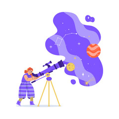 Girl Watching Telescope Exploring Space and Galaxy Vector Illustration