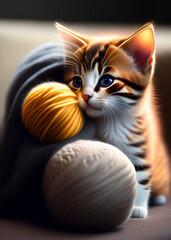 Fototapeta na wymiar Petit chaton jouant avec une pelote de laine
