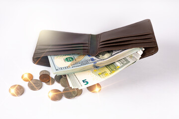 American dollar banknotes stock and euro, coins, pack of money in black wallet. Concept success, rich, big win, luxury, currency, money.