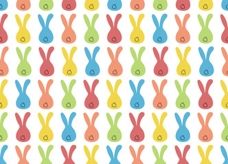 Colored Rabbits sit with their backs on a white background. Seamless pattern Easter Bunnies. Bunny ears and tails. Bright colors. Vector illustration.