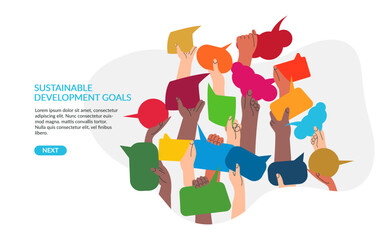 SDGs development goals environment. Hands exchange ideas and holding speech bubble. Eco green vote. Team cooperation and communicate banner template. Diversity group with message vector illustration - obrazy, fototapety, plakaty