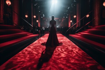 Red carpet stage with star woman. Generate Ai - obrazy, fototapety, plakaty