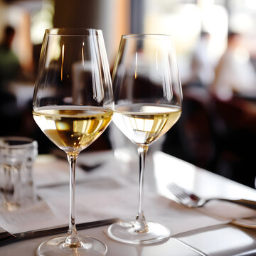 Generative Ai illustration , Wine glasses in a restaurant setting.