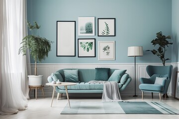 a single color, monochromatic scene of a light blue interior space with furniture and plants, four frames on the wall, and a mock up poster frame. Generative AI