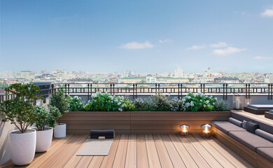 Fototapeta premium Residential building luxary roof terrace with furniture and pool advertisement premium rendering
