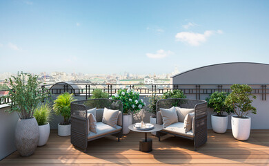 Residential building luxary roof terrace with furniture and pool advertisement rendering