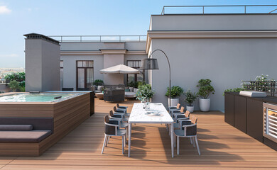 Residential building luxary roof terrace with furniture and pool advertisement rendering