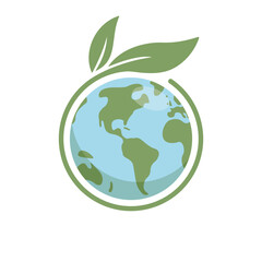 Save earth. Global ecology icon. Planet with green plant leaves growing illustration.