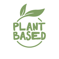 Plant based logo. Circular shape base with plant leaf. Vegan and vegetarian friendly badge.
