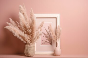 Naklejka premium trendy pampas grass frame with pastel pink background. mockup of a bohemian backdrop. Generative AI