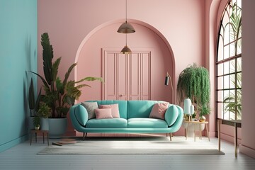 a colorful mock up of a living room with a pink sofa and a light blue wall, pink arches on a hardwood floor, green plants, and a background of a living room,. Generative AI