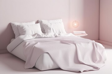 a close up shot of a mockup bed in white with a pastel mauve background, a white pillow cover, a white bed sheet, and a white blanket. Generative AI
