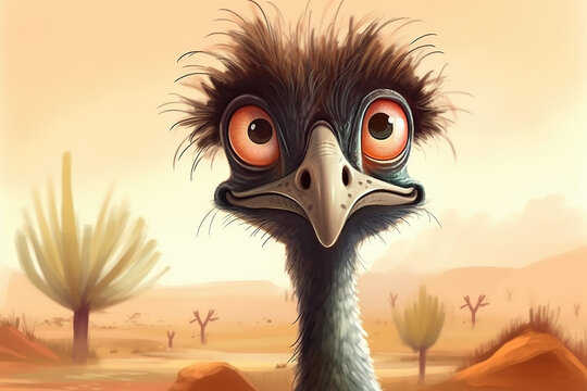 An amusing cartoon drawing of a surprised Australian emu.  Generative AI.