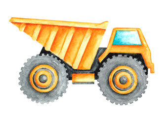 Dump truck watercolor illustration. Yellow truck. Construction equipment. Special equipment. Car, transport. Dump truck baby. Children's toy. Birthday. Illustration isolated. For print.