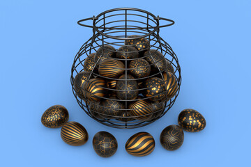 Golden and black Easter eggs in metal wire basket or chocolate eggs