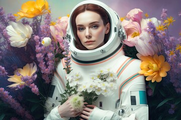 Spring Cyber Garden: Futuristic Girl in Pastel Space Suit Surrounded by Fresh Flowers and Bright Colors. Generative AI