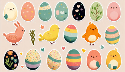 Easter eggs and chickens, watercolor stickers. Ai illustration, fantasy digital art, artificial intelligence artwork