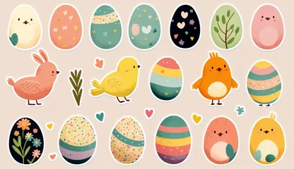 Fototapeten Easter eggs and chickens, watercolor stickers. Ai illustration, fantasy digital art, artificial intelligence artwork © PaulSat