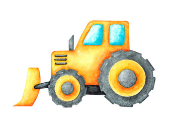 Bulldozer watercolor illustration. Yellow bulldozer. Construction equipment. Special equipment. Car, transport. Baby toy. Birthday. Illustration isolated. For printing on postcards, stickers, textiles