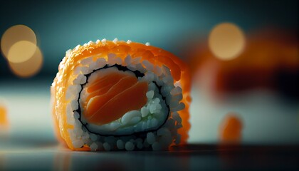 Sushi maki rolls closeup set. Traditional Japanese composition on dark bokeh background. Generative AI illustration