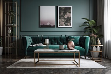 Living room with green accents, blue sofa furniture, traditional wall design, carpet, plant vase, and coffee table. Generative AI