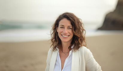 Serene smile of a brunette woman in white shirt on the beach. Generative AI