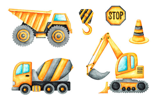 Building machinery watercolor illustration. Yellow bulldozer, excavator loader, concrete mixer, road signs. Special equipment. Baby toy. Birthday. Illustration isolated. For printing on card, sticker
