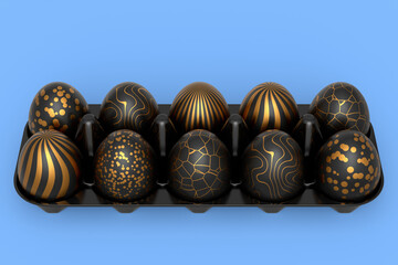Golden and black Easter eggs in basket or tray and chocolate eggs