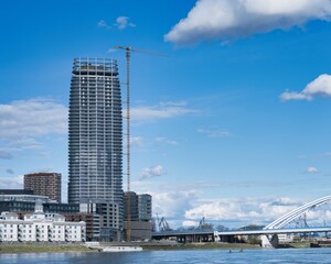 Obraz premium The tallest skyscraper in Slovakia in Bratislava near the Danube river just before completion