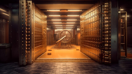 Bank vault with open door. Store Gold bar, inside in Gold vault money. Dollar and euro vault. Inside in bank vault money. Federal Reserve Bank storage with golden walls and gold stacks. Generative AI - obrazy, fototapety, plakaty