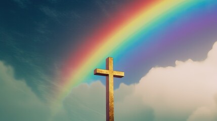 Golden Christian Jesus Cross Beautiful Rainbow Background Generative AI