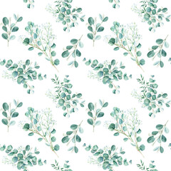 Seamless watercolor pattern with eucalyptus and gypsophila branches on white background. Can be used for wedding prints, gift wrapping paper, kitchen textile and fabric prints.