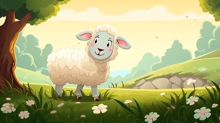Obraz na płótnie Canvas Cute Cartoon Sheep in a Meadow. Generative AI