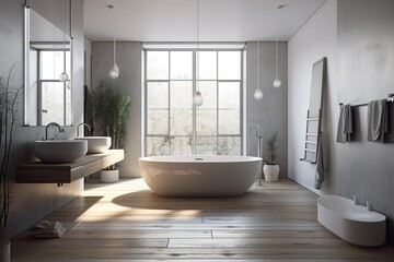 Interior of a white loft bathroom with a hardwood floor, white tub, shower, and two sinks with mirrors above them. Generative AI