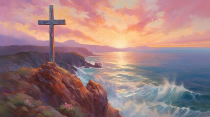 Christian Jesus Cross Cliff Ocean Sunset Oil Painting Generative AI