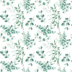 Seamless watercolor pattern with eucalyptus, gypsophila and pistachio branches on white background. Can be used for wedding prints, gift wrapping paper, kitchen textile and fabric prints.