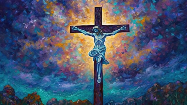 Christian Jesus Cross Colorful Abstract Background Oil Painting Generative AI