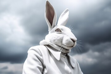 Surreal white rabbit in a cloak in the style of the movie Shutter Island made with generative AI