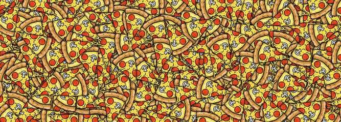 Cartoon pizza slices hand draw illustration texture pattern background wallpaper horizontal banner design template backdrop art