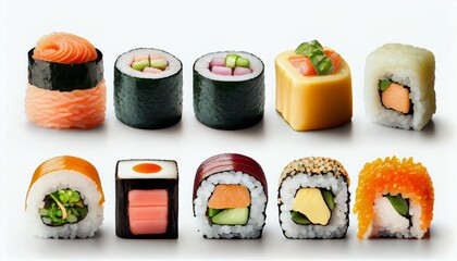 Horizontal sushi rolls set assortment isolated on white background. Asian food composition. Generative AI illustration